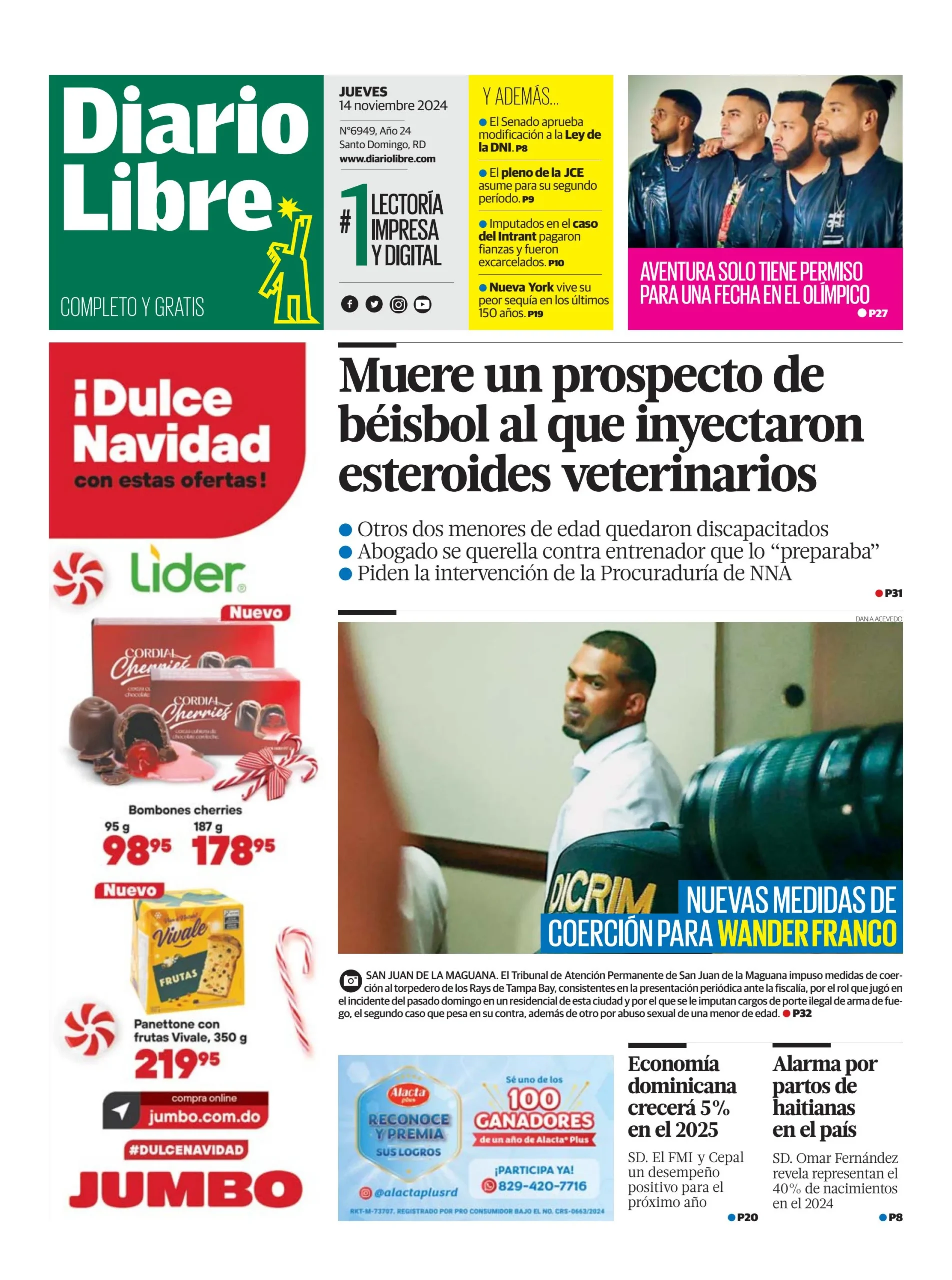 Portada Periódico Diario Libre, Jueves 14 Noviembre, 2024