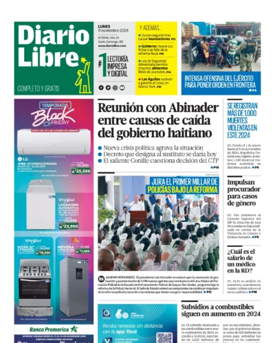 Portada Periódico Diario Libre, Lunes 11 Noviembre, 2024