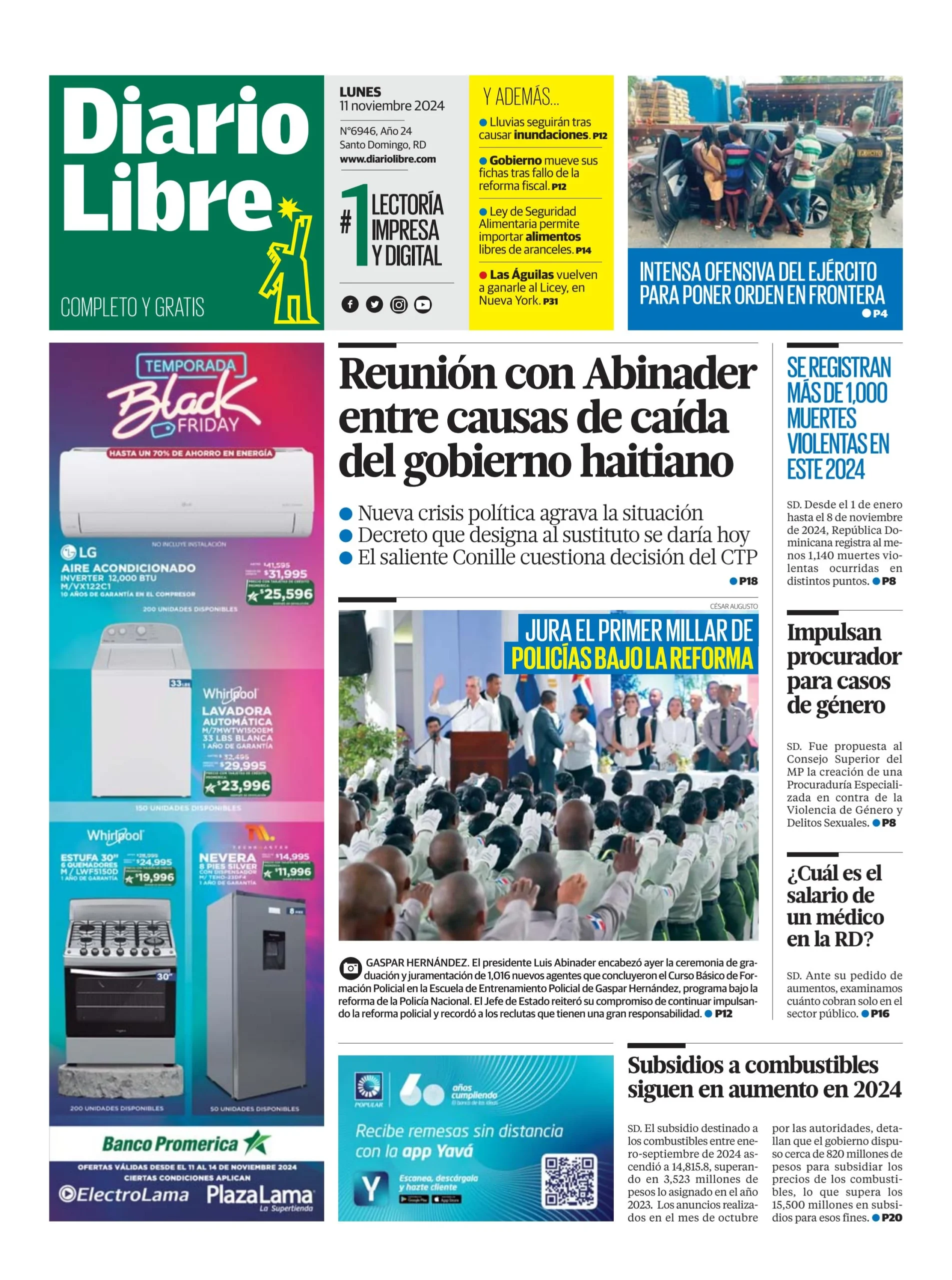 Portada Periódico Diario Libre, Lunes 11 Noviembre, 2024