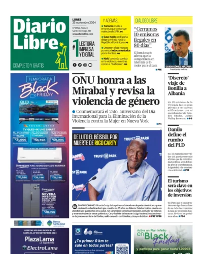 Portada Periódico Diario Libre, Lunes 25 Noviembre, 2024