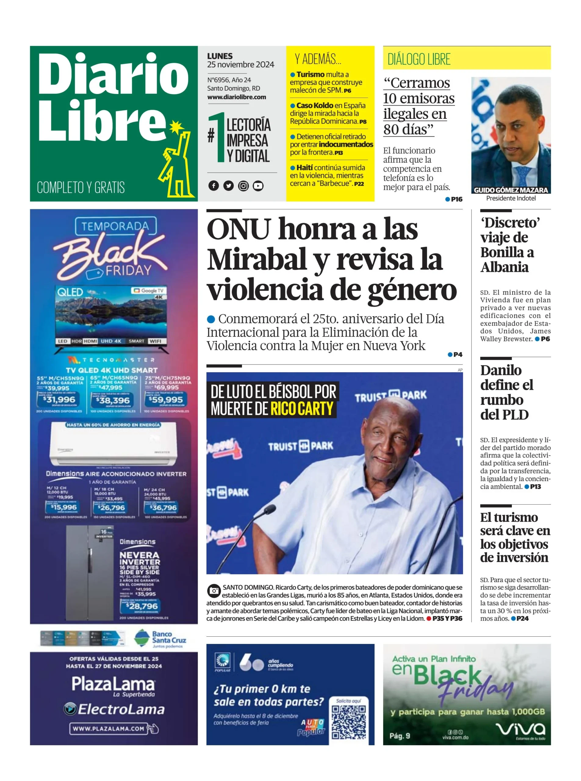 Portada Periódico Diario Libre, Lunes 25 Noviembre, 2024