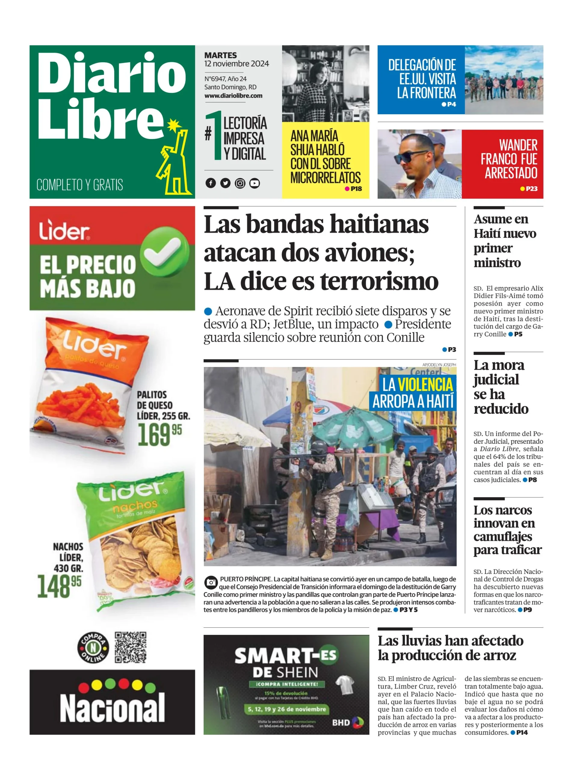 Portada Periódico Diario Libre, Martes 12 Noviembre, 2024