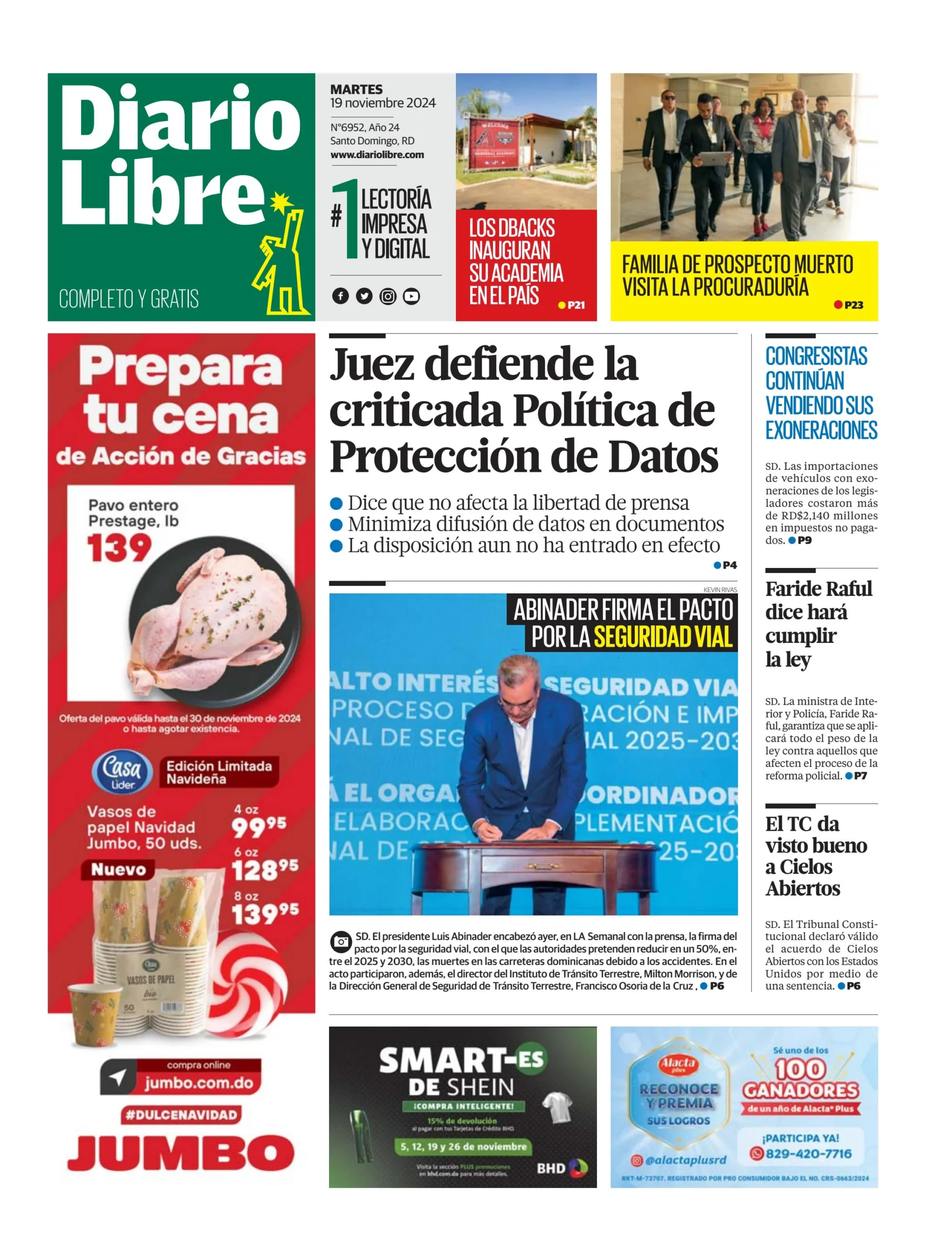 Portada Periódico Diario Libre, Martes 19 Noviembre, 2024