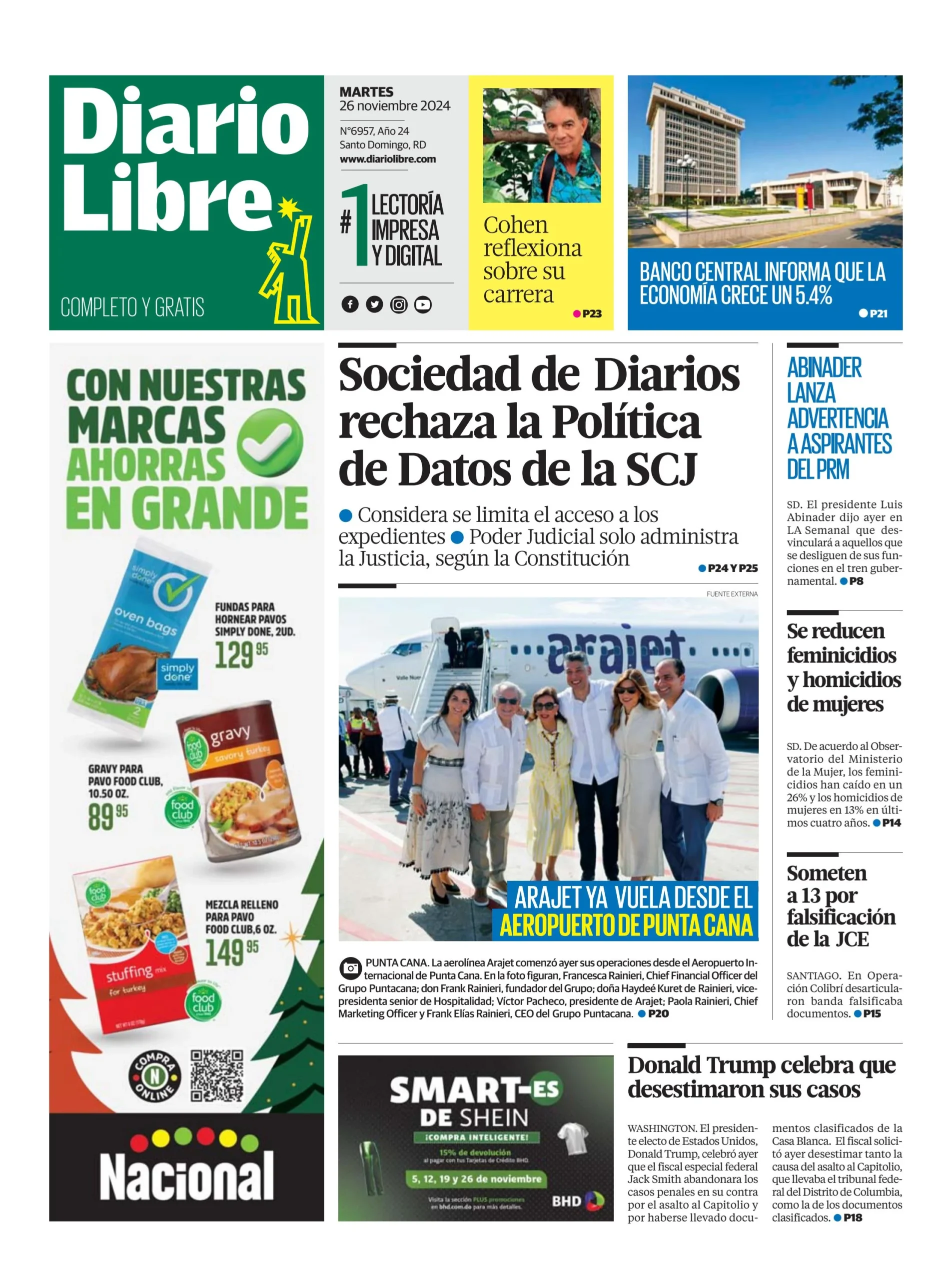 Portada Periódico Diario Libre, Martes 26 Noviembre, 2024