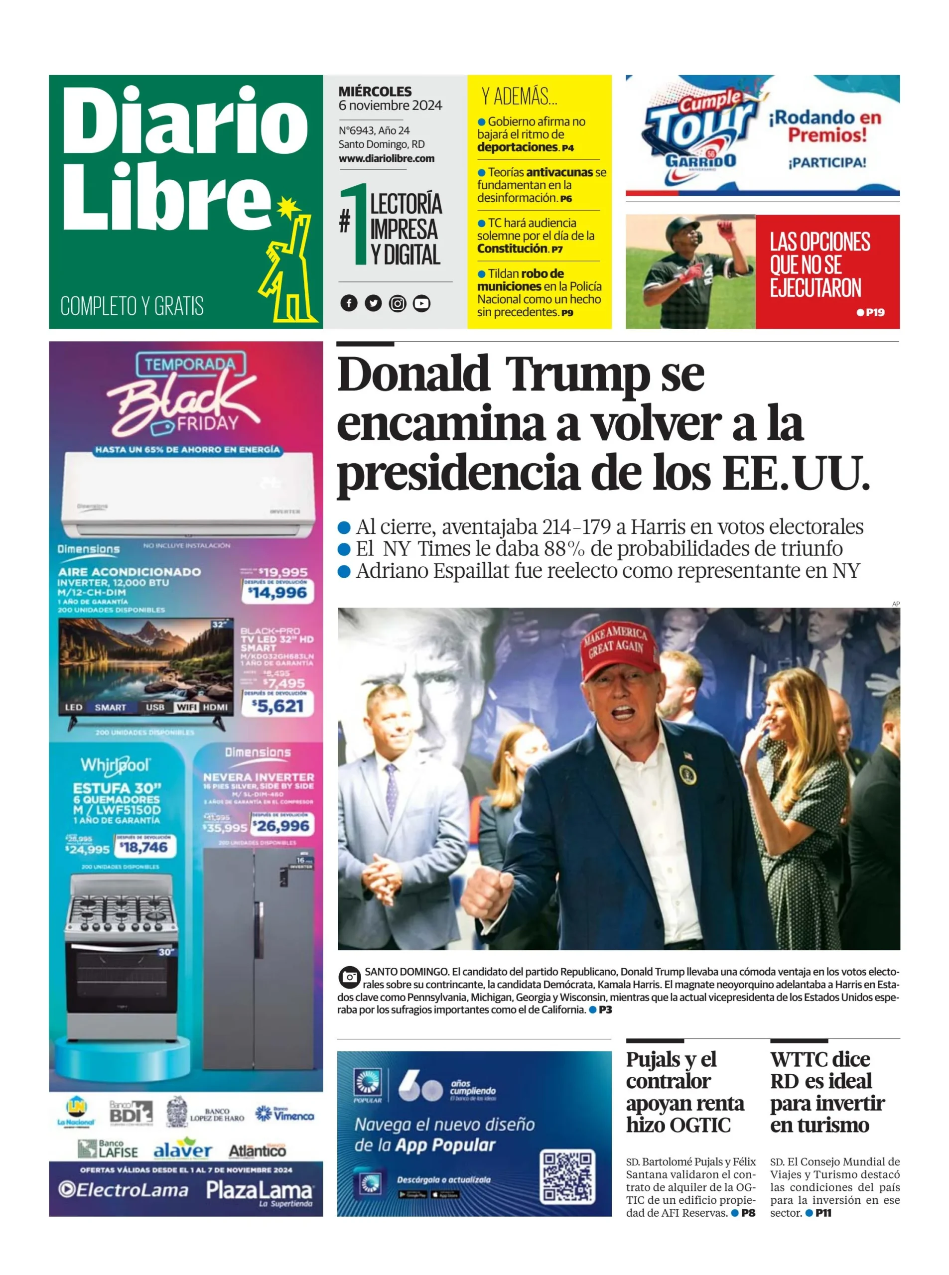 Portada Periódico Diario Libre, Miércoles 06 Noviembre, 2024