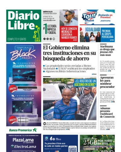 Portada Periódico Diario Libre, Miércoles 13 Noviembre, 2024