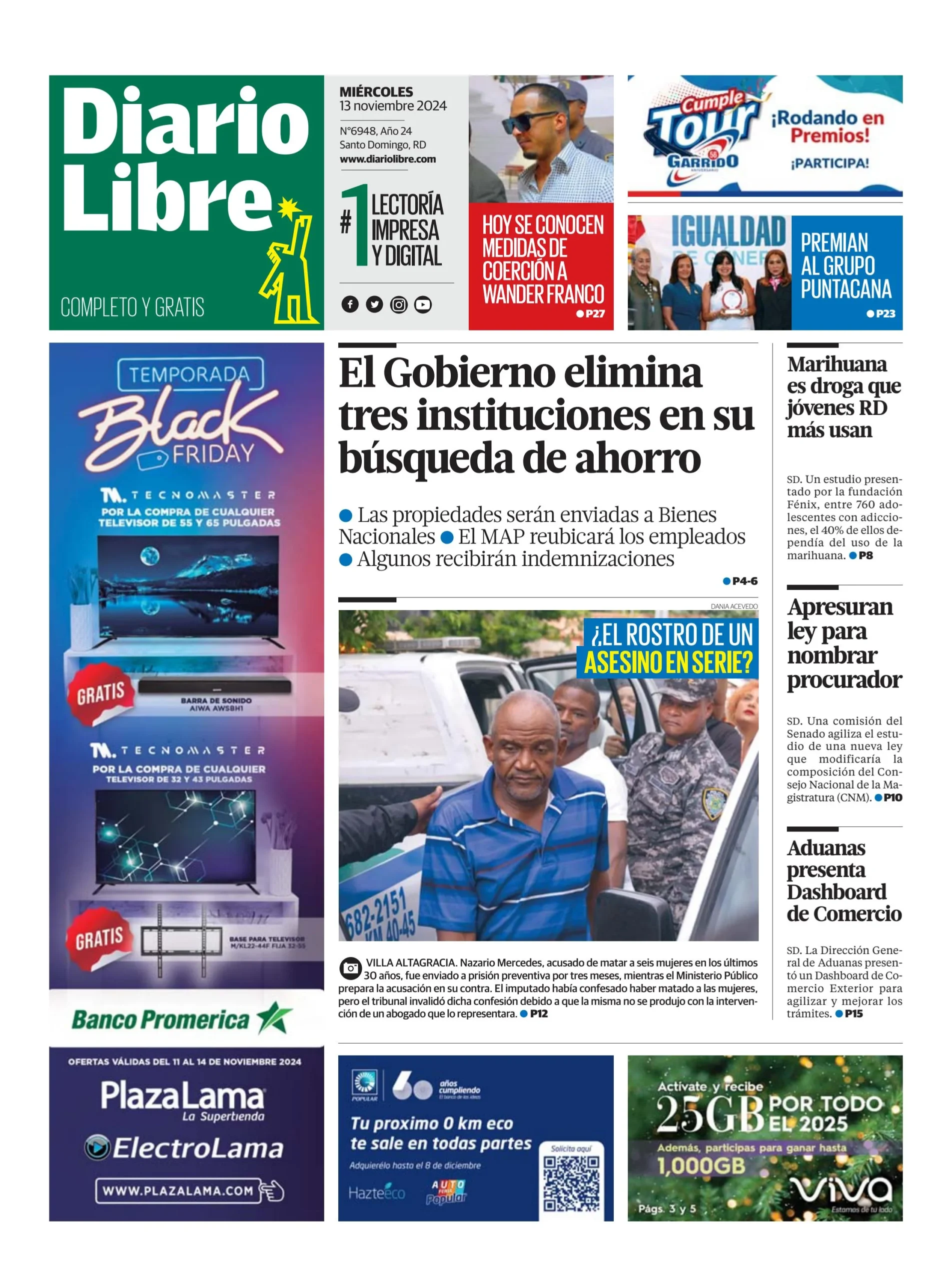 Portada Periódico Diario Libre, Miércoles 13 Noviembre, 2024