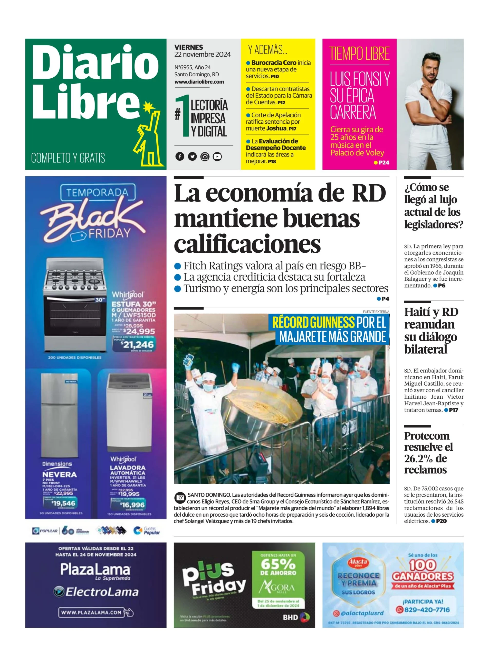 Portada Periódico Diario Libre, Viernes 22 Noviembre, 2024