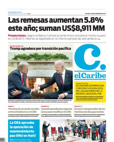 Portada Periódico El Caribe, Jueves 14 Noviembre, 2024