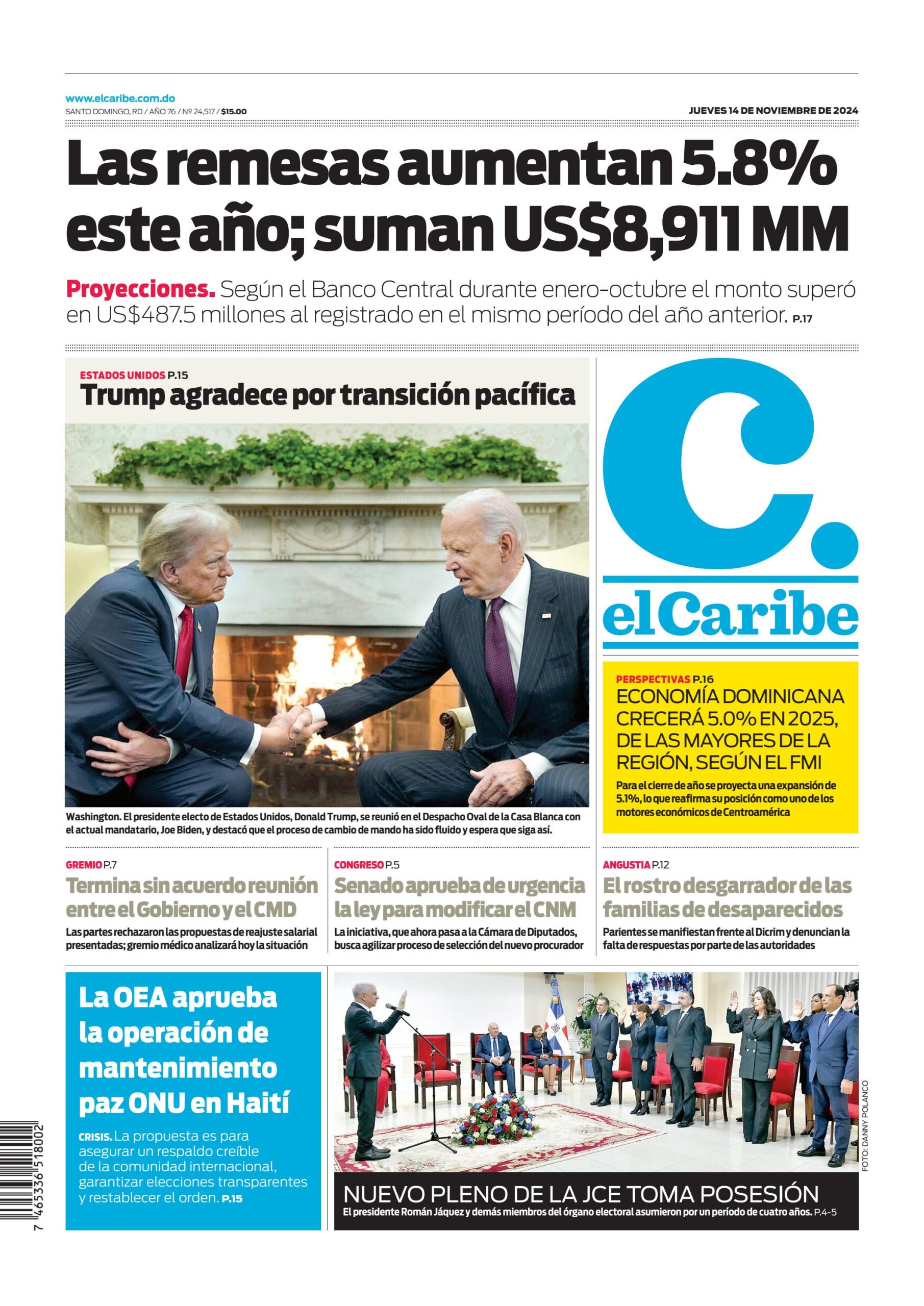 Portada Periódico El Caribe, Jueves 14 Noviembre, 2024