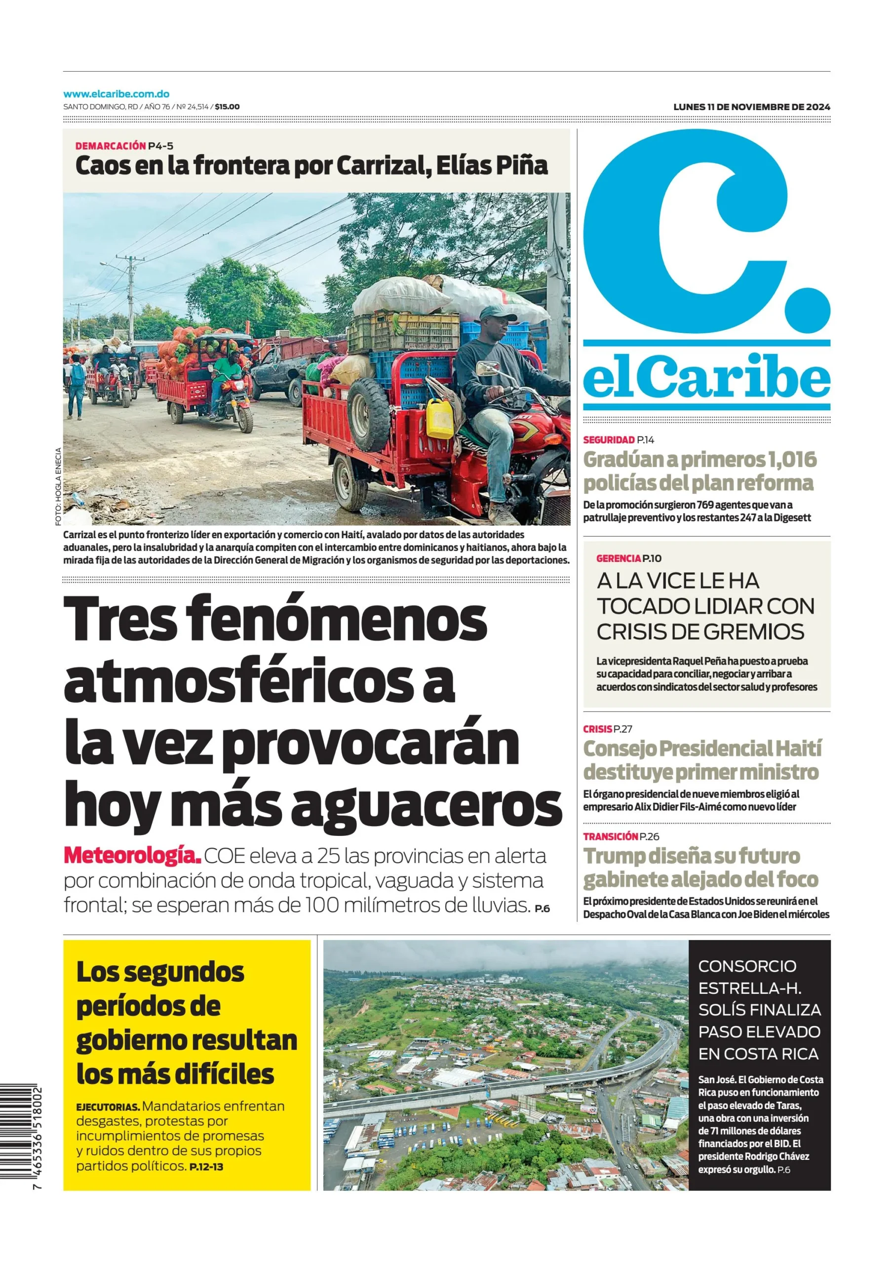 Portada Periódico El Caribe, Lunes 11 Noviembre, 2024