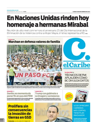 Portada Periódico El Caribe, Lunes 25 Noviembre, 2024