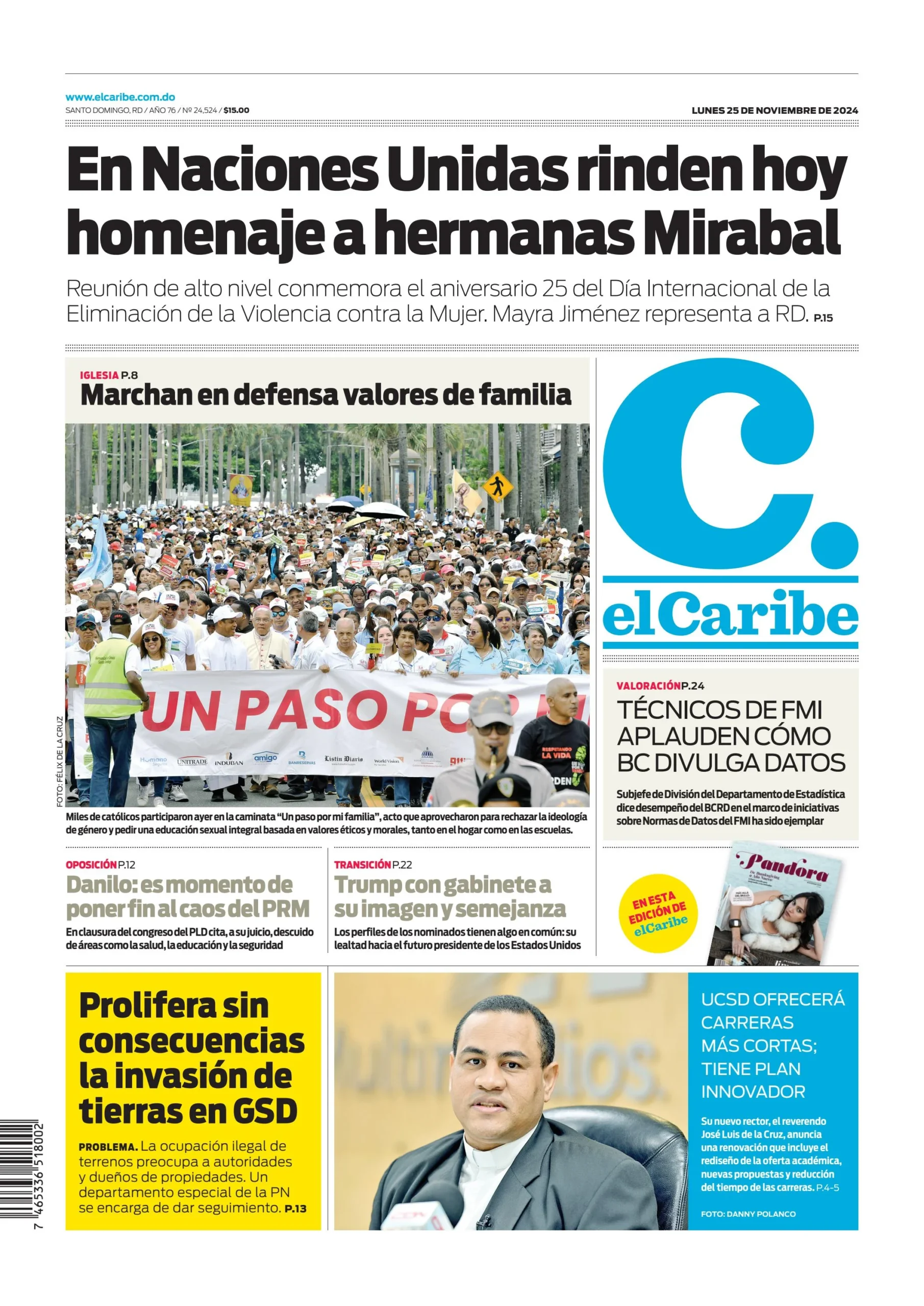 Portada Periódico El Caribe, Lunes 25 Noviembre, 2024