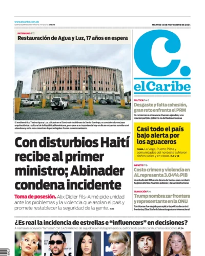 Portada Periódico El Caribe, Martes 12 Noviembre, 2024