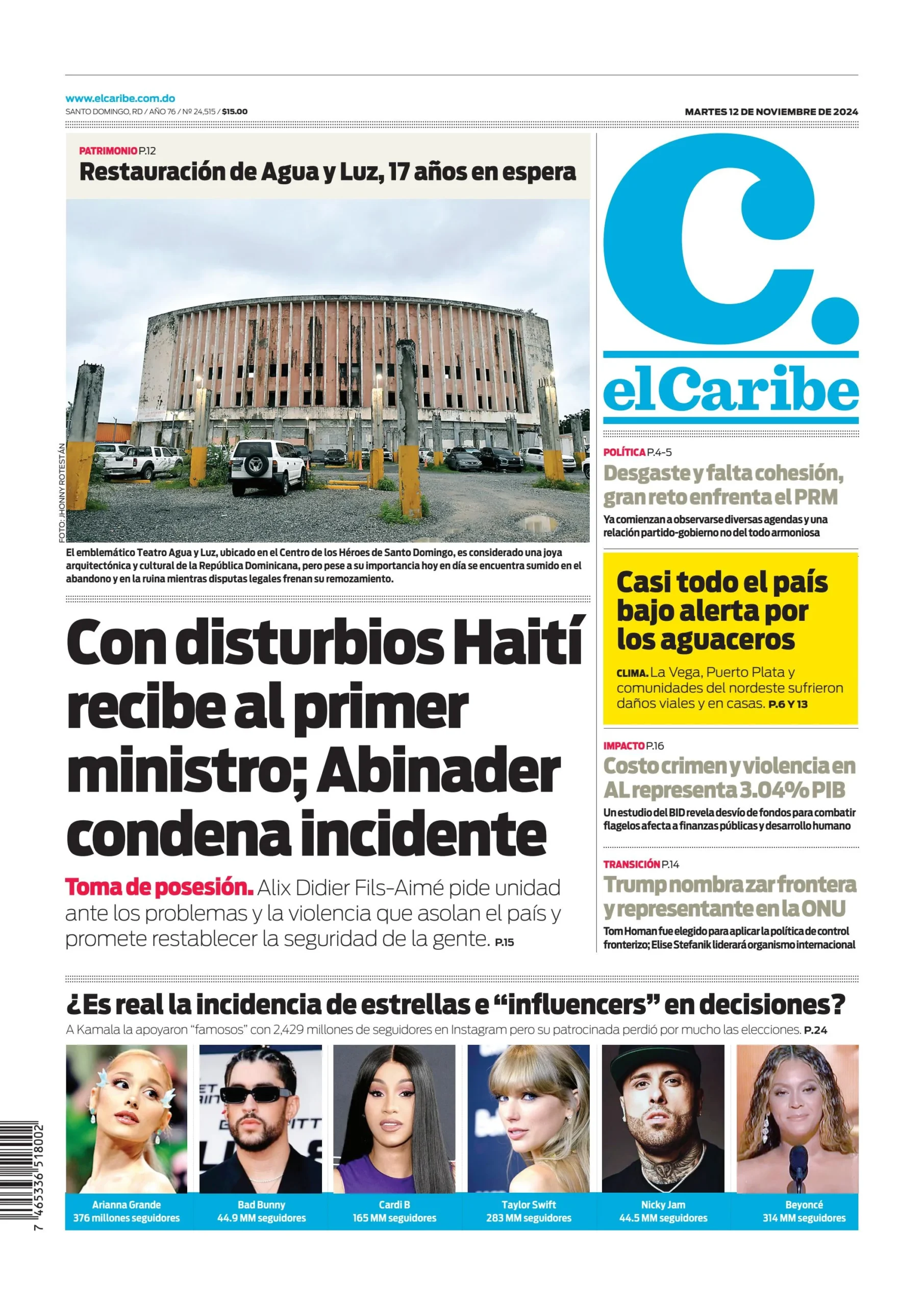 Portada Periódico El Caribe, Martes 12 Noviembre, 2024