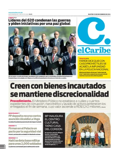 Portada Periódico El Caribe, Martes 19 Noviembre, 2024