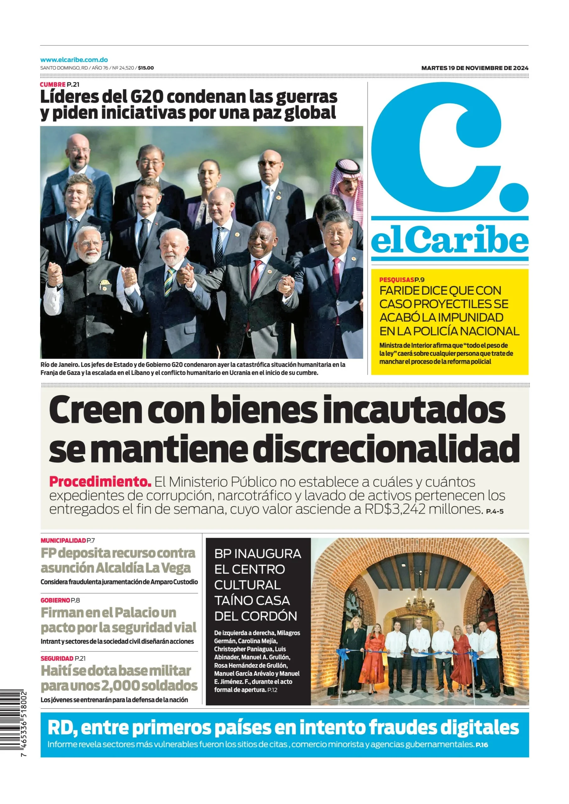 Portada Periódico El Caribe, Martes 19 Noviembre, 2024