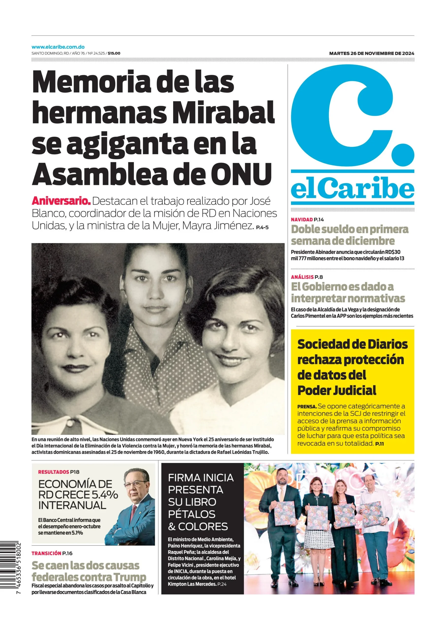 Portada Periódico El Caribe, Martes 26 Noviembre, 2024