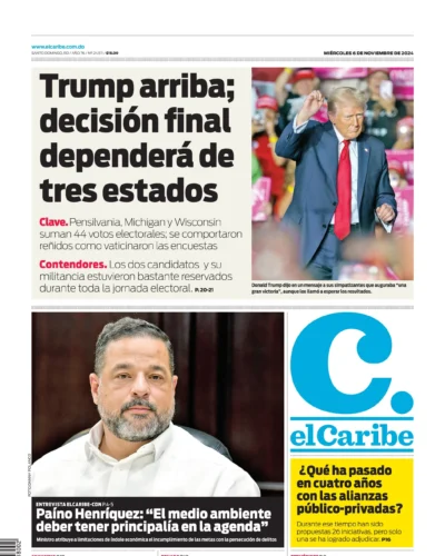 Portada Periódico El Caribe, Miércoles 06 Noviembre, 2024