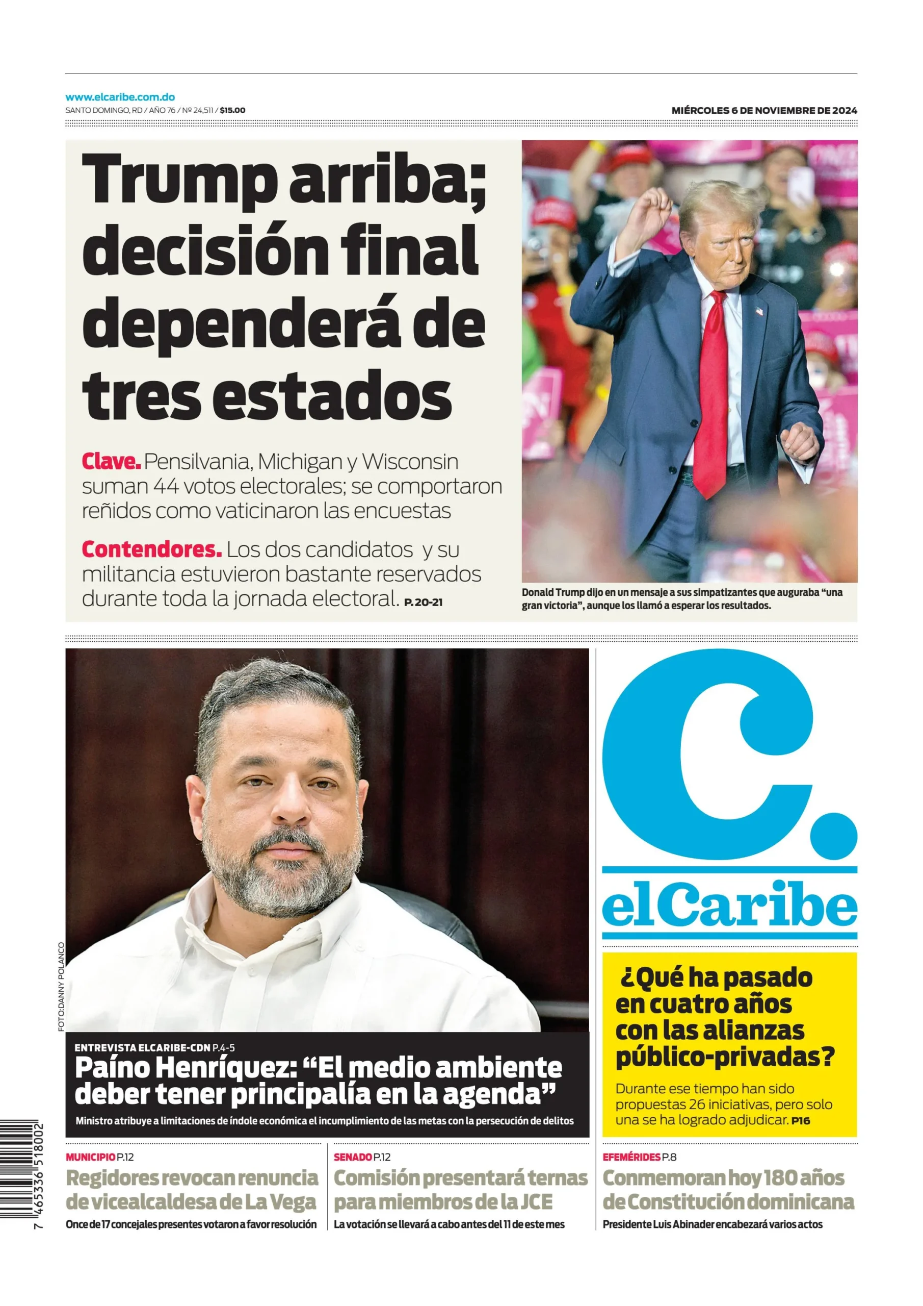 Portada Periódico El Caribe, Miércoles 06 Noviembre, 2024