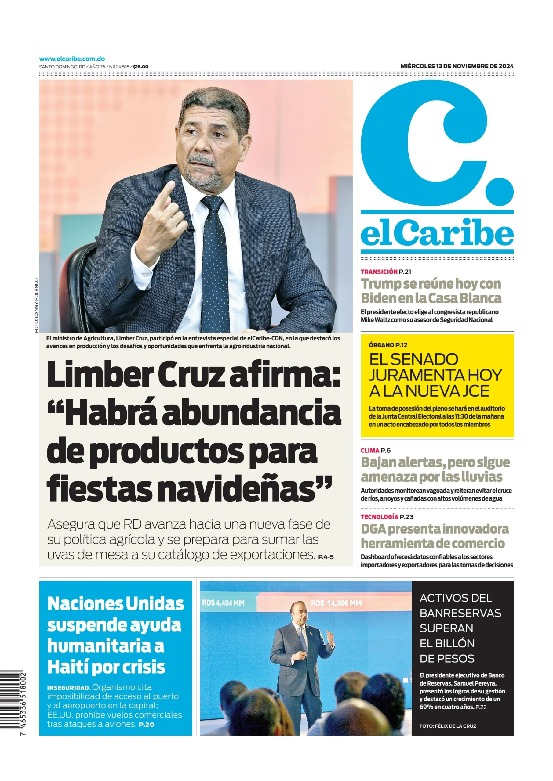 Portada Periódico El Caribe, Miércoles 13 Noviembre, 2024