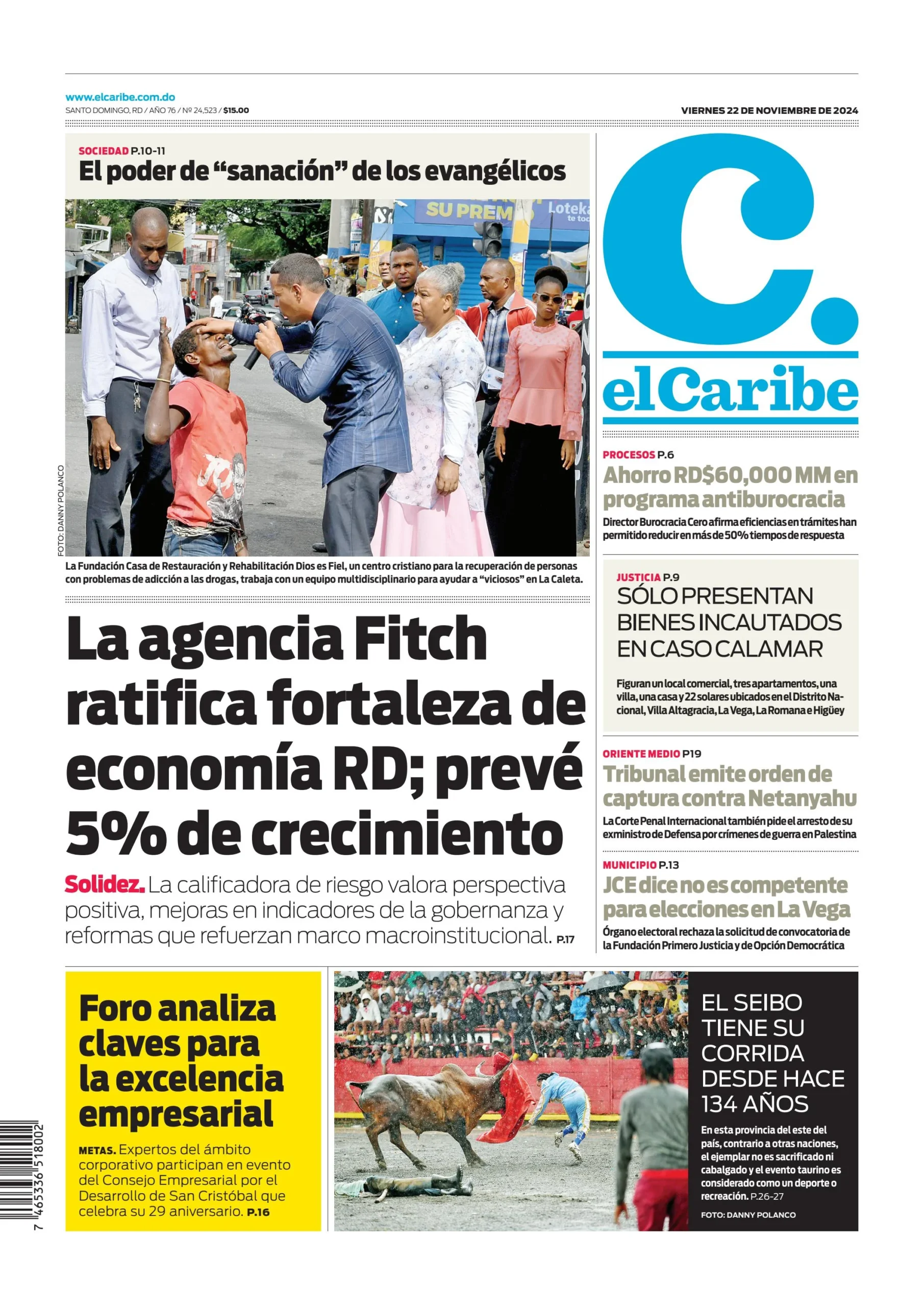 Portada Periódico El Caribe, Viernes 22 Noviembre, 2024