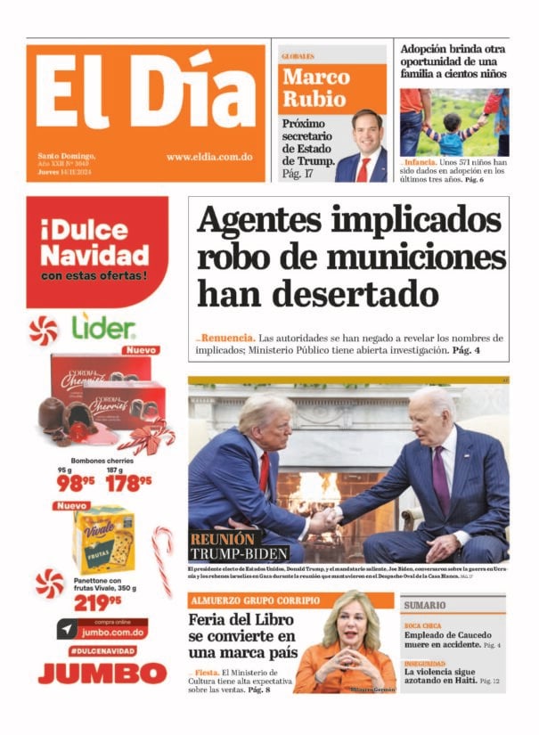 Portada Periódico El Día, Jueves 14 Noviembre, 2024