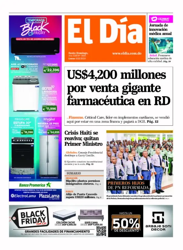 Portada Periódico El Día, Lunes 11 Noviembre, 2024