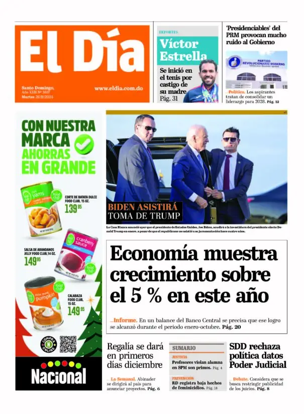 Portada Periódico El Día, Martes 26 Noviembre, 2024