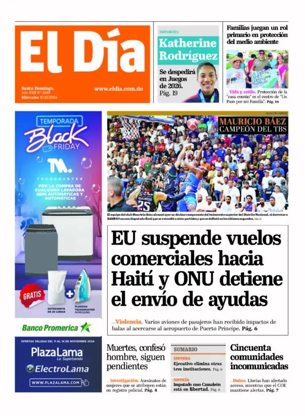 Portada Periódico El Día, Miércoles 13 Noviembre, 2024