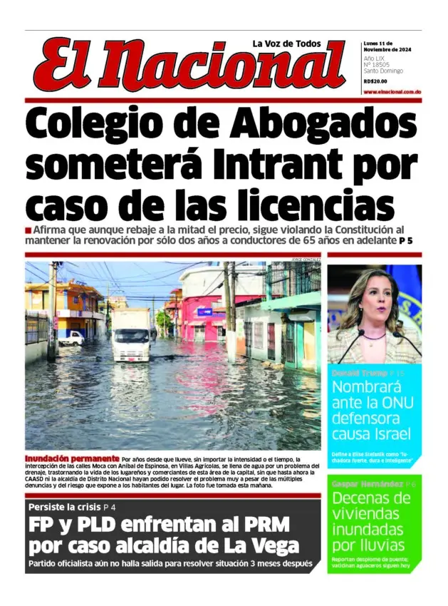 Portada Periódico El Nacional, Lunes 11 Noviembre, 2024