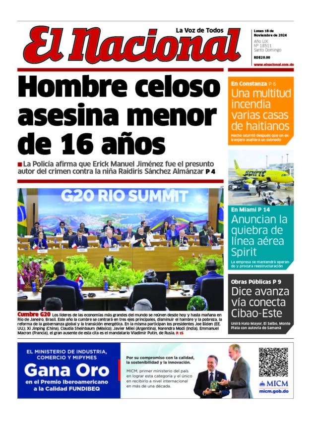 Portada Periódico El Nacional, Lunes 18 Noviembre, 2024