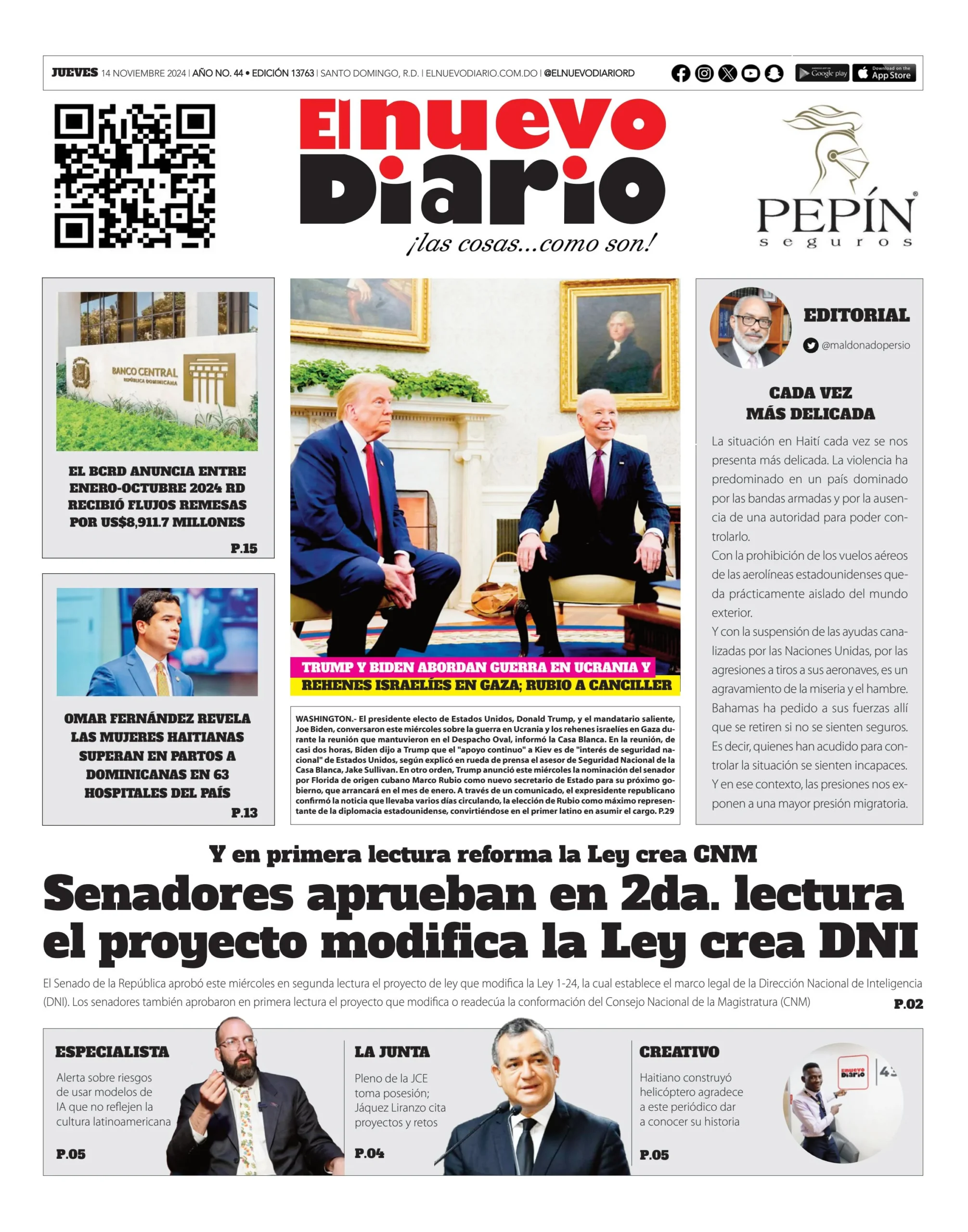 Portada Periódico El Nuevo Diario, Jueves 14 Noviembre, 2024