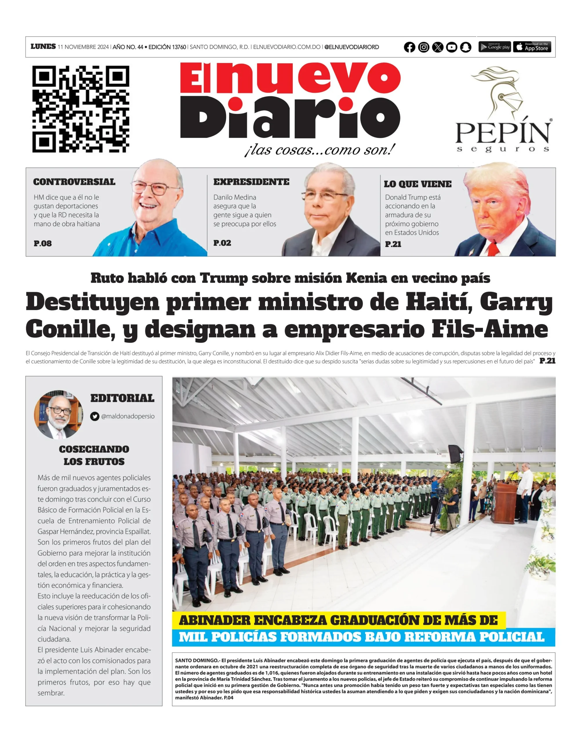 Portada Periódico El Nuevo Diario, Lunes 11 Noviembre, 2024