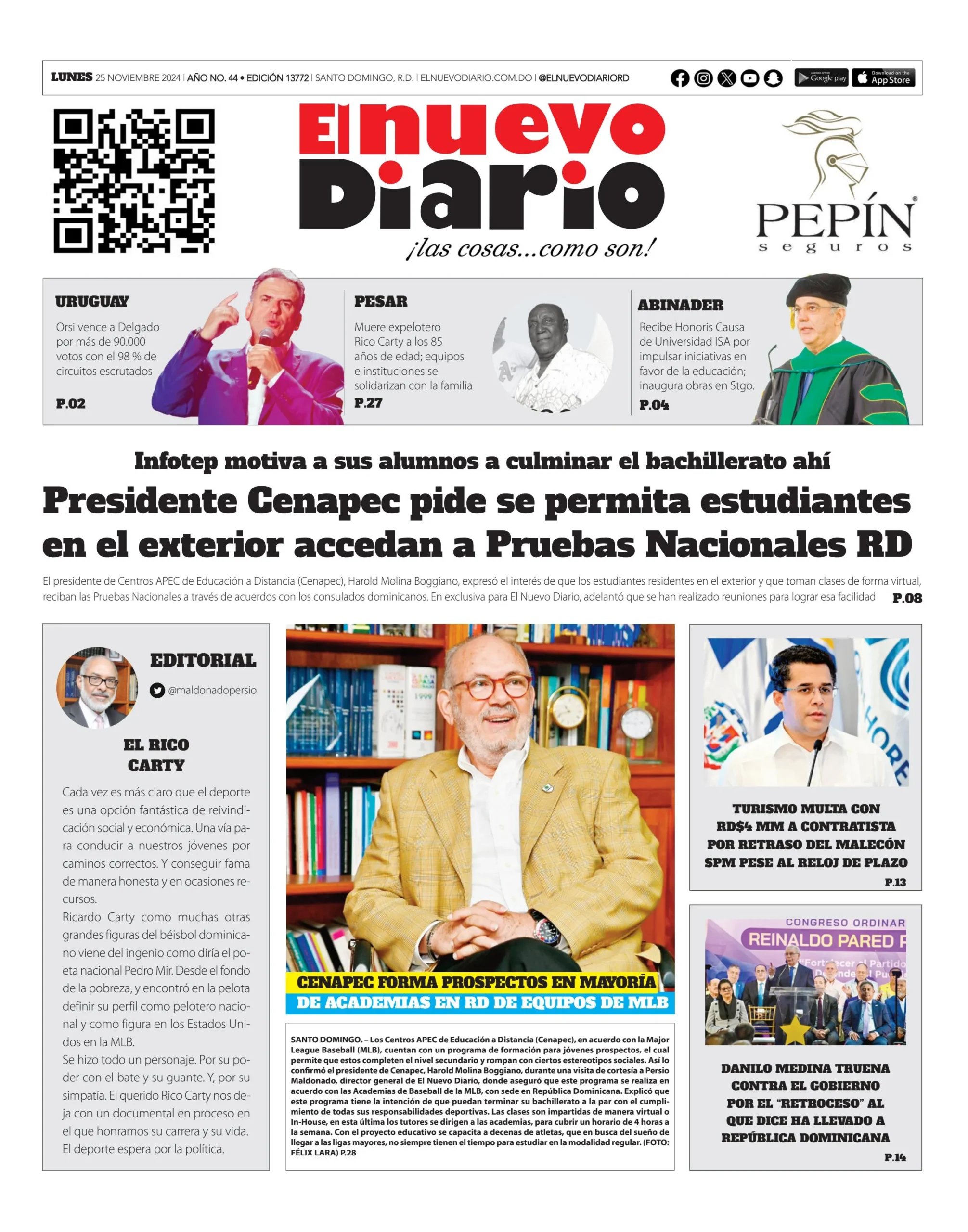 Portada Periódico El Nuevo Diario, Lunes 25 Noviembre, 2024