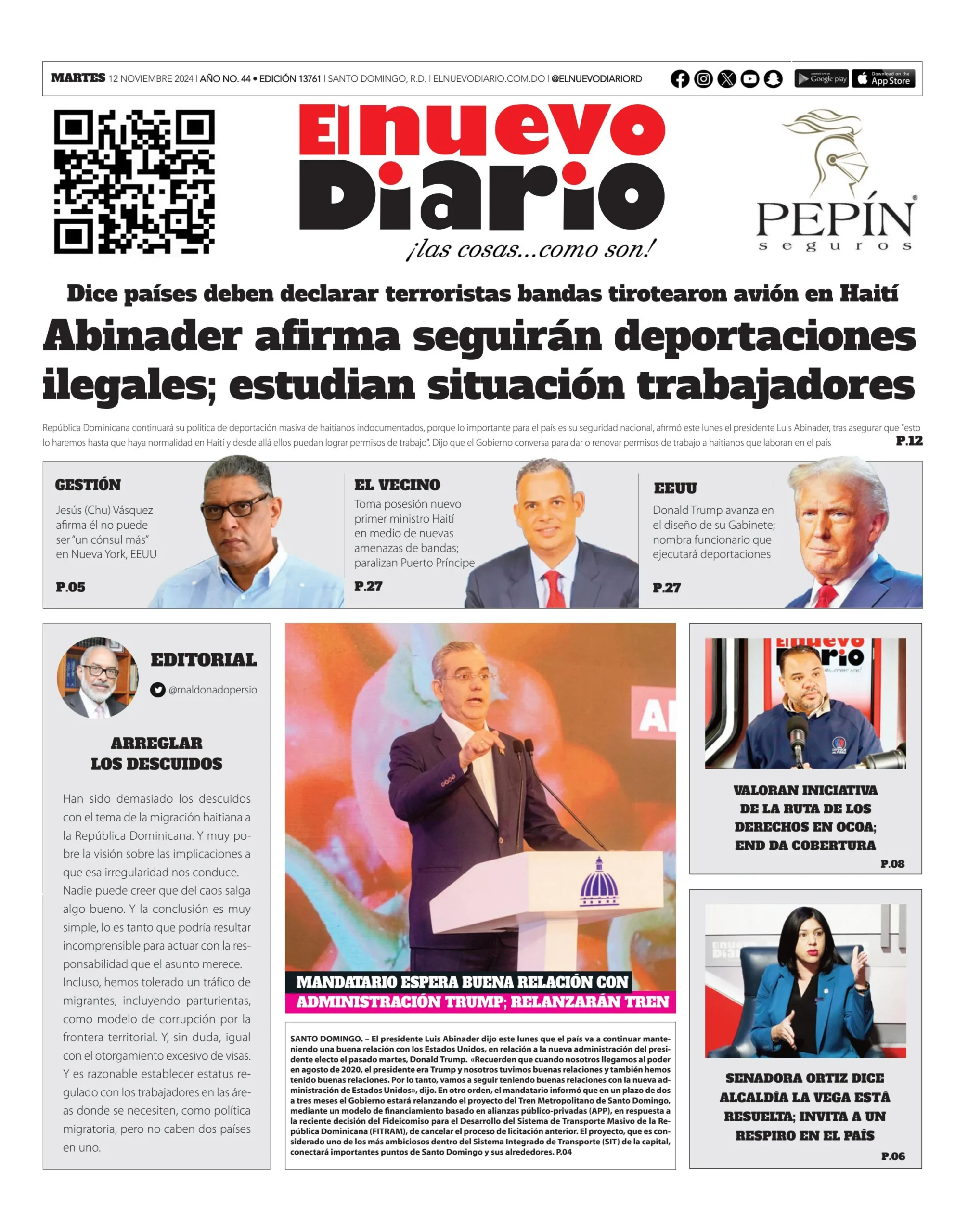 Portada Periódico El Nuevo Diario, Martes 12 Noviembre, 2024