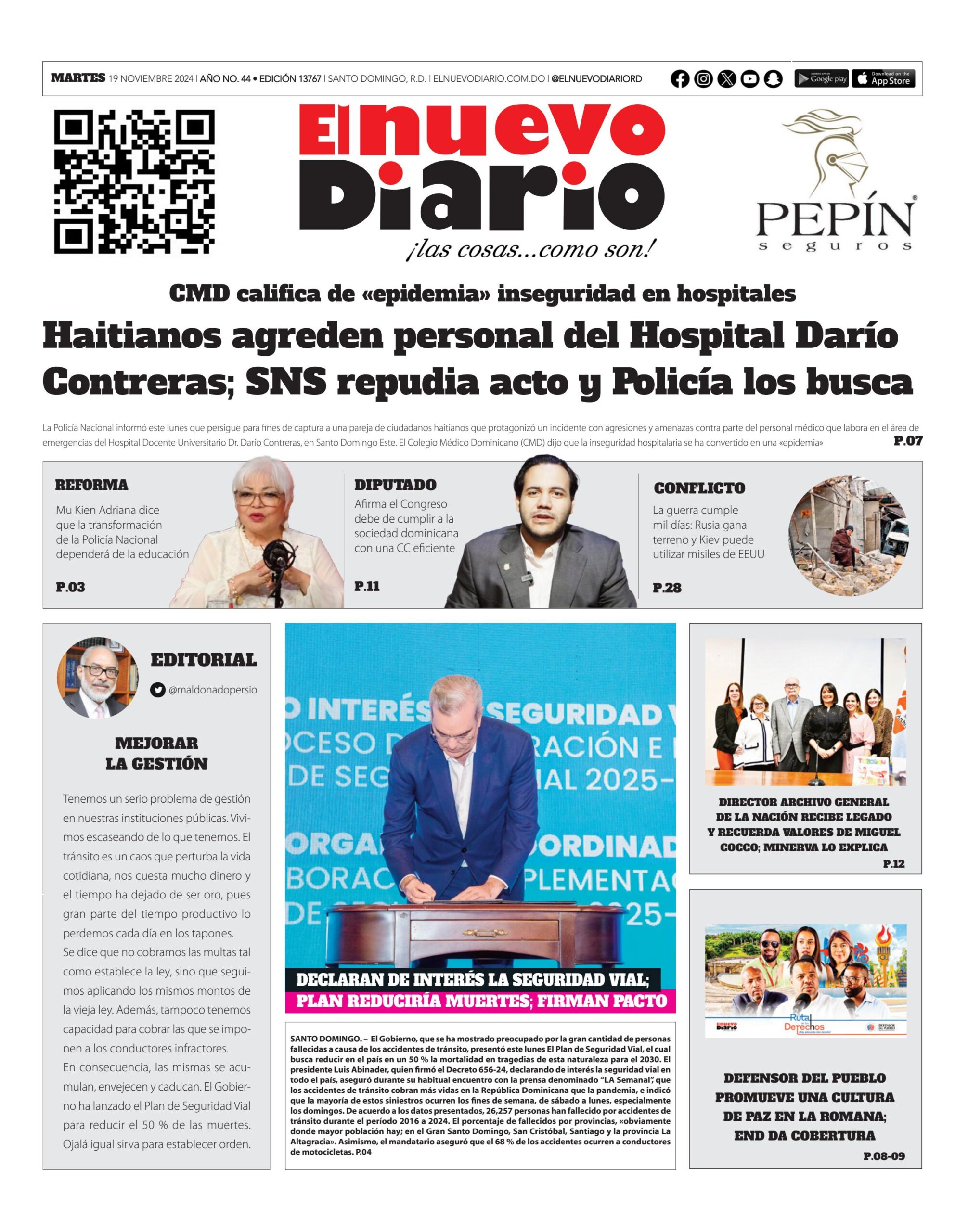 Portada Periódico El Nuevo Diario, Martes 19 Noviembre, 2024