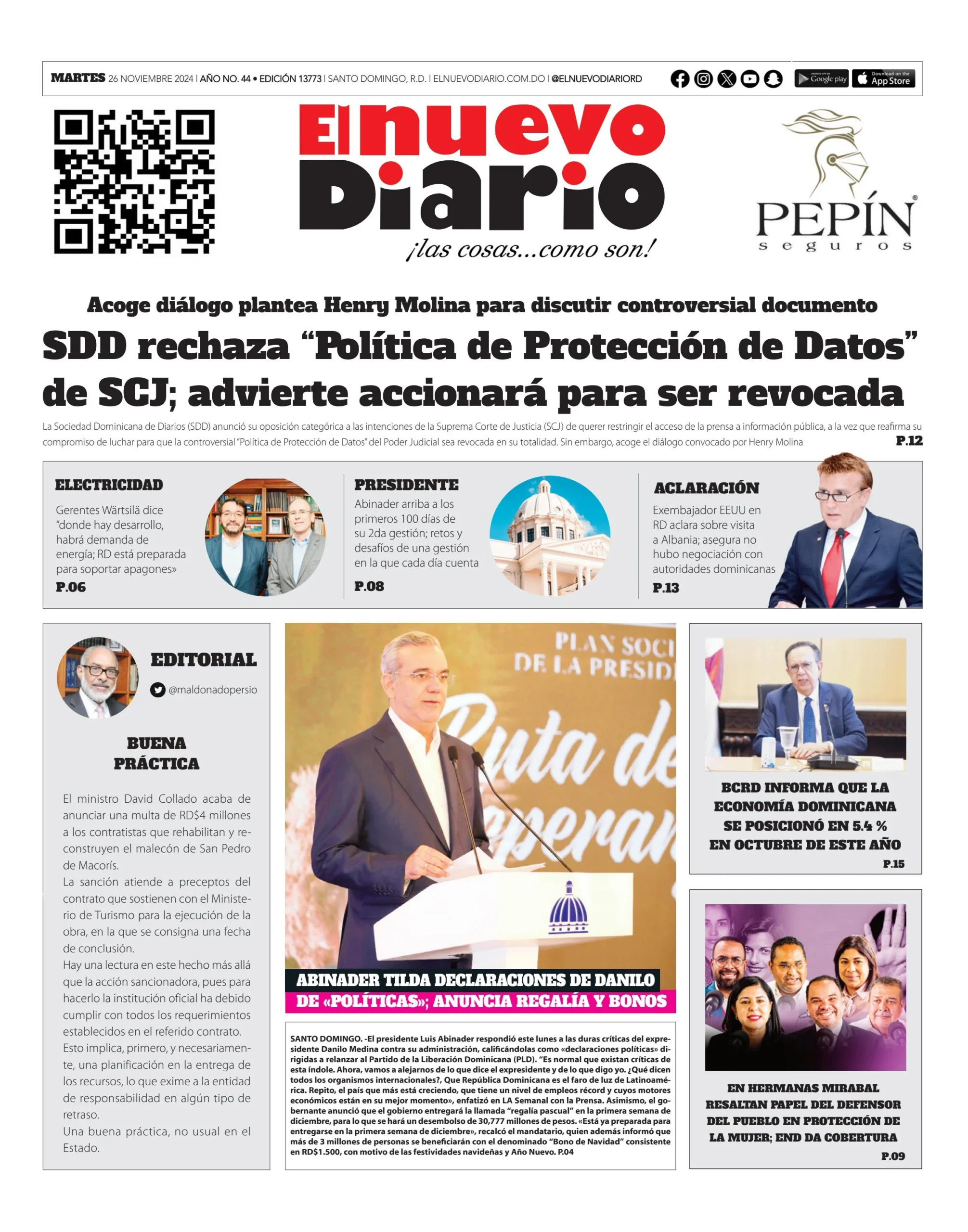 Portada Periódico El Nuevo Diario, Martes 26 Noviembre, 2024