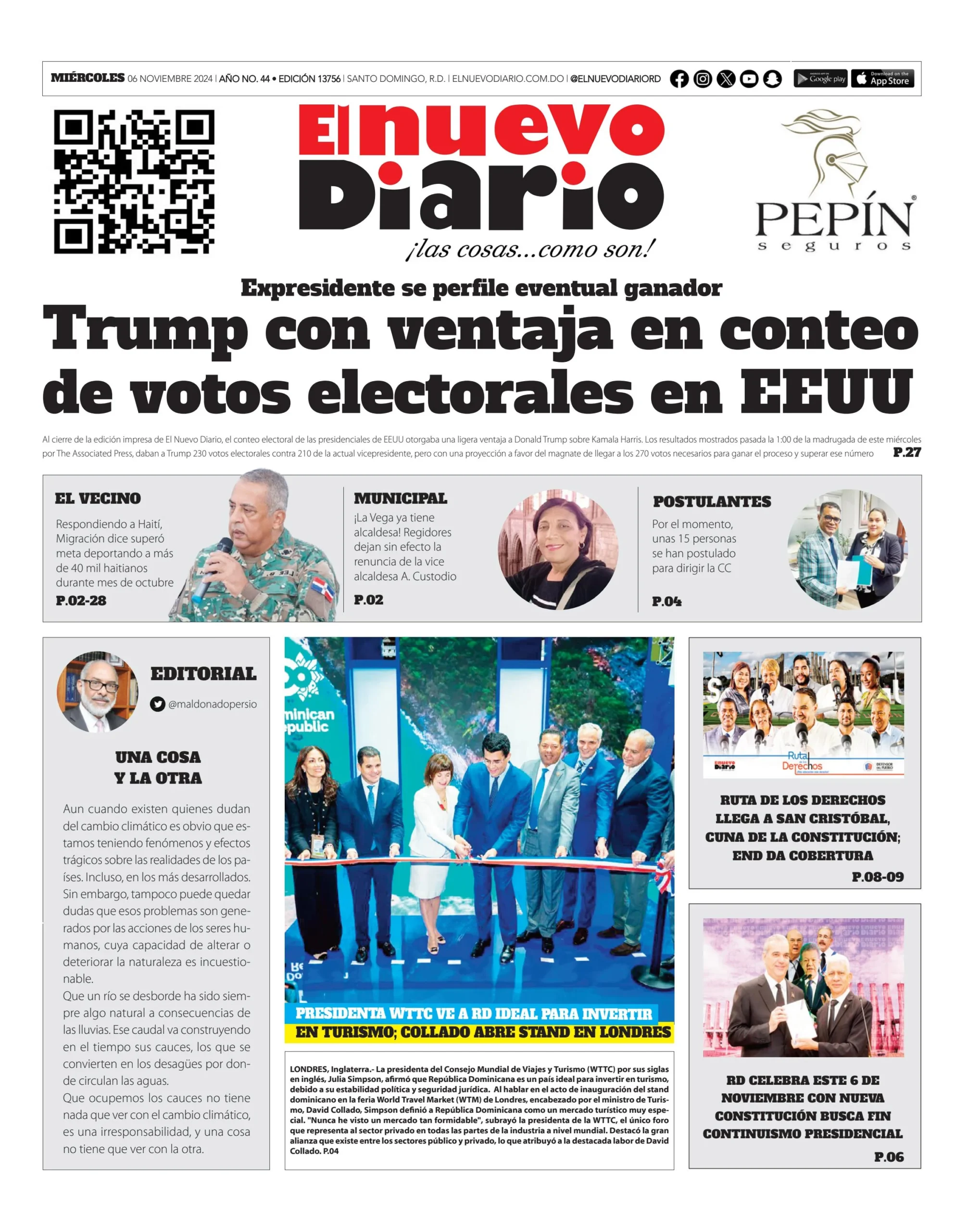 Portada Periódico El Nuevo Diario, Miércoles 06 Noviembre, 2024