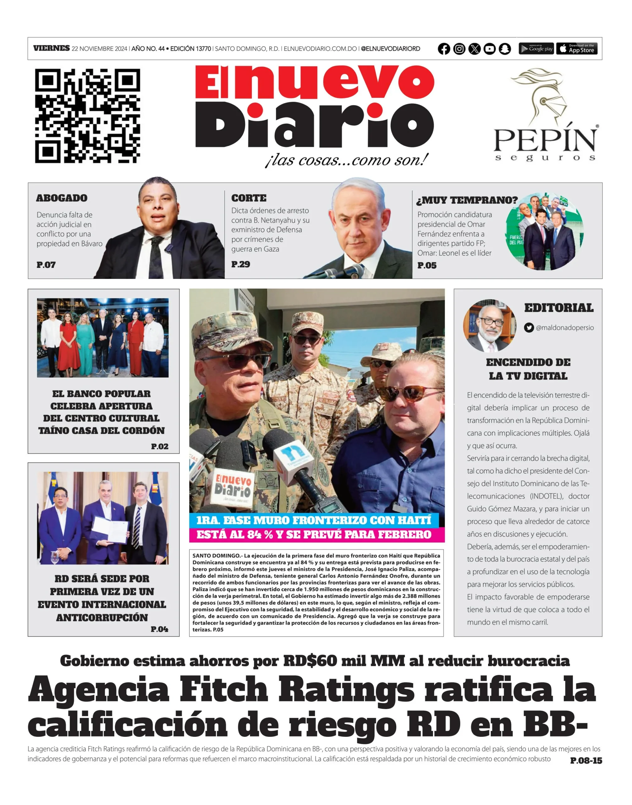 Portada Periódico El Nuevo Diario, Viernes 22 Noviembre, 2024