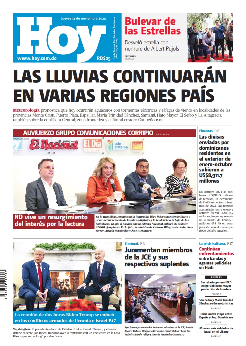 Portada Periódico Hoy, Jueves 14 Noviembre, 2024