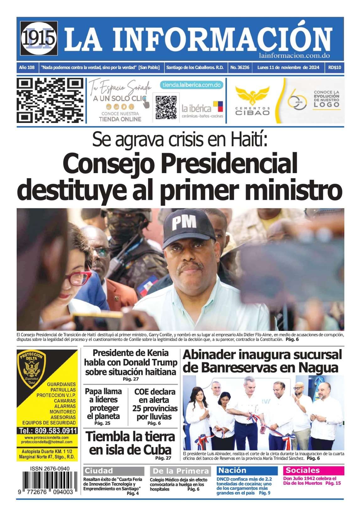 Portada Periódico Hoy, Lunes 11 Noviembre, 2024