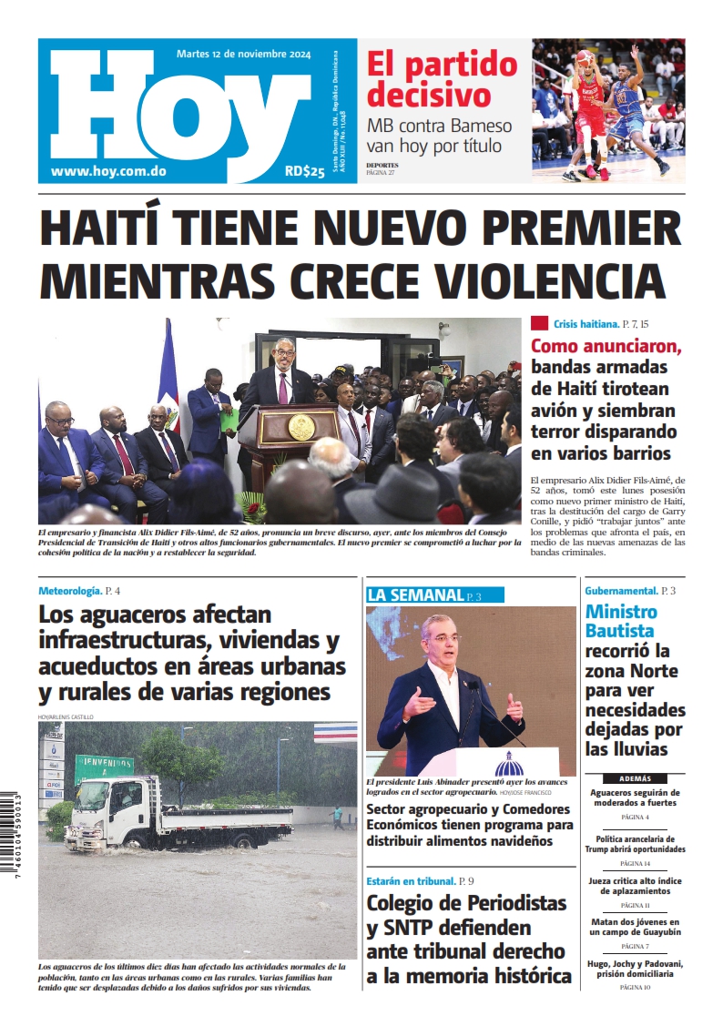 Portada Periódico Hoy, Martes 12 Noviembre, 2024