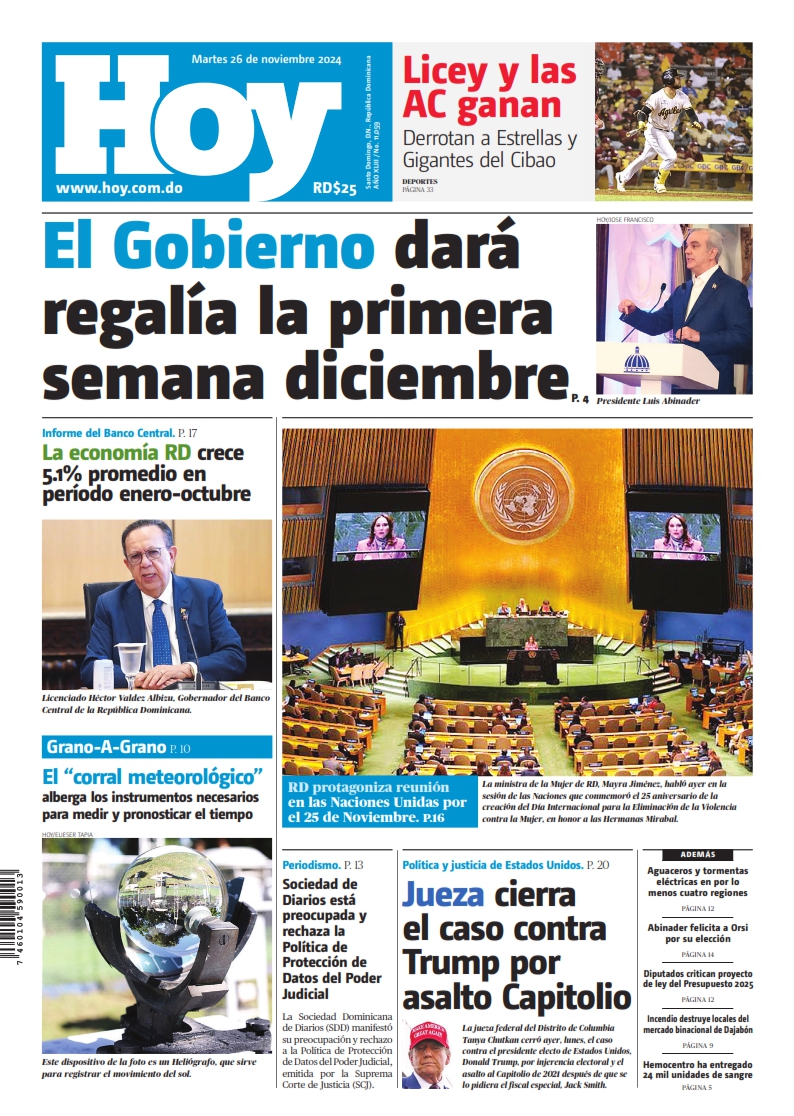 Portada Periódico Hoy, Martes 26 Noviembre, 2024