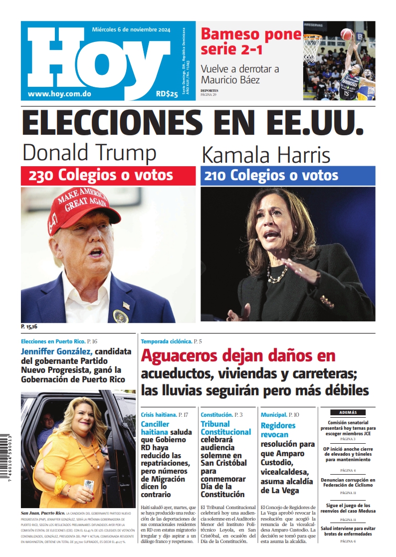 Portada Periódico Hoy, Miércoles 06 Noviembre, 2024