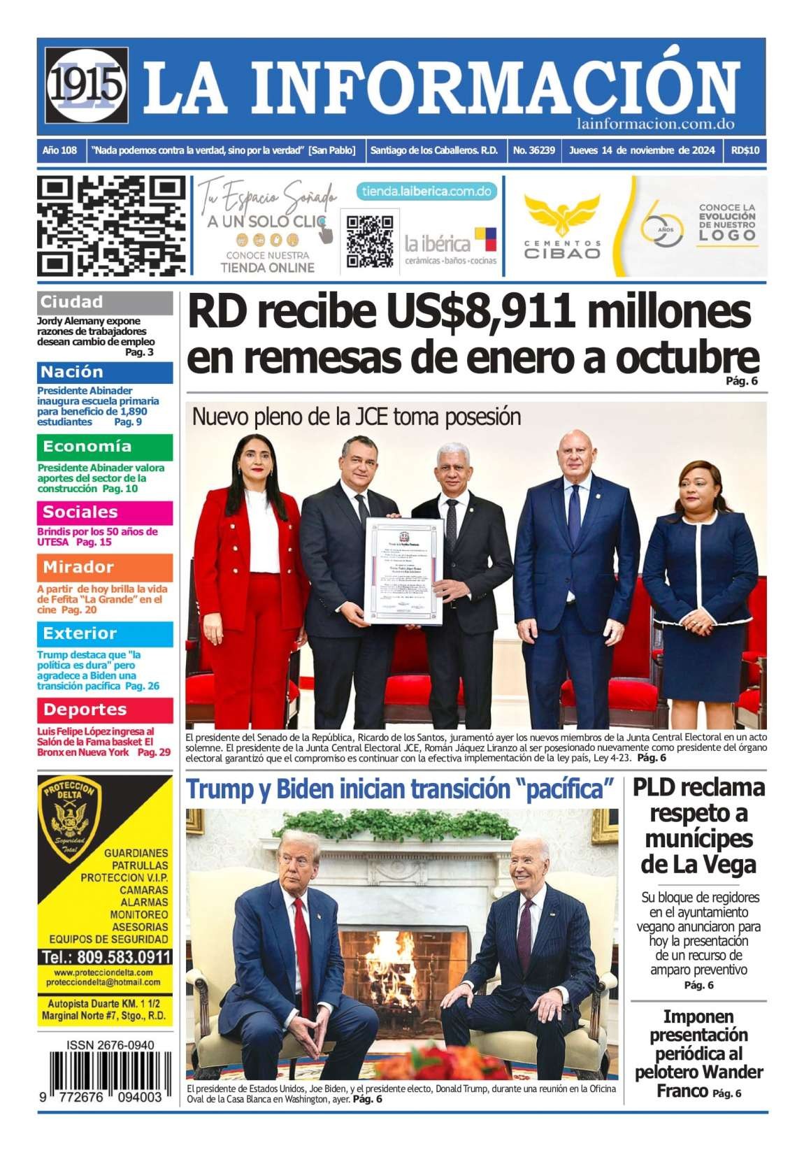 Portada Periódico La Información, Jueves 14 Noviembre, 2024