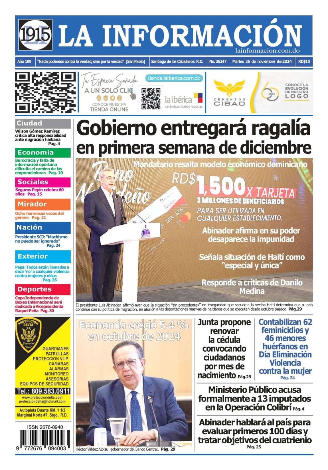 Portada Periódico La Información, Martes 26 Noviembre, 2024