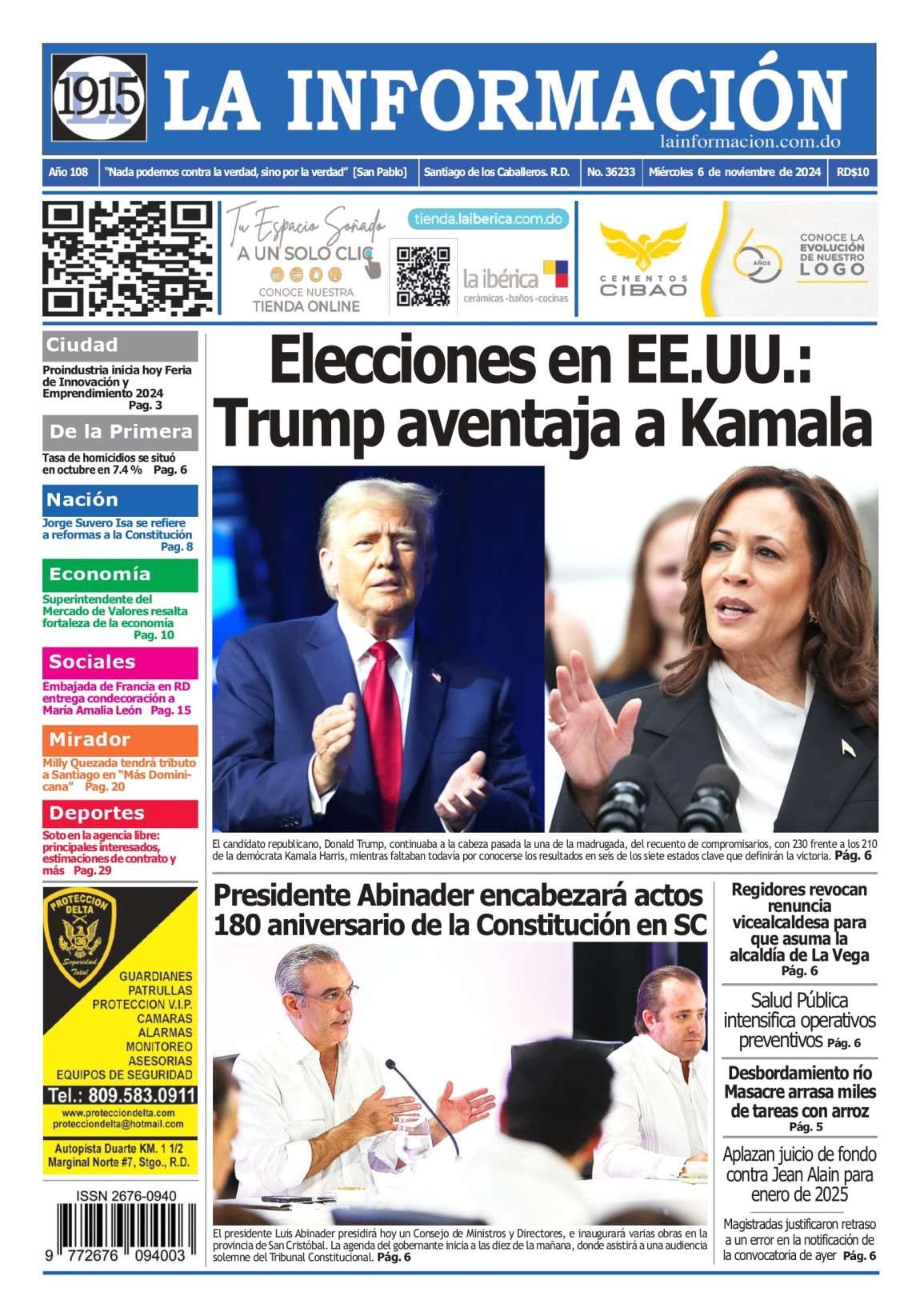 Portada Periódico La Información, Miércoles 06 Noviembre, 2024