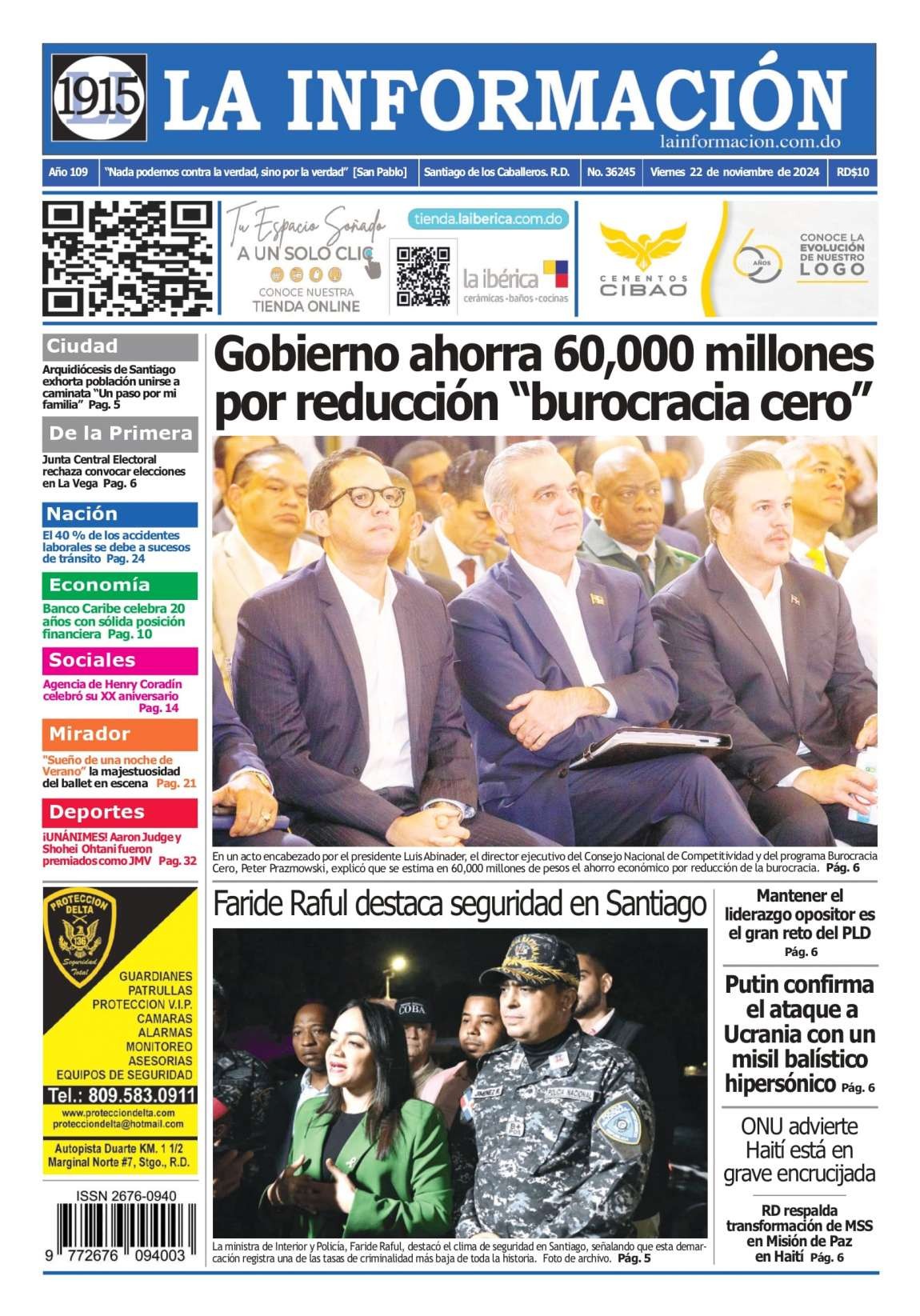 Portada Periódico La Información, Viernes 22 Noviembre, 2024