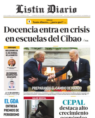 Portada Periódico Listín Diario, Jueves 14 Noviembre, 2024